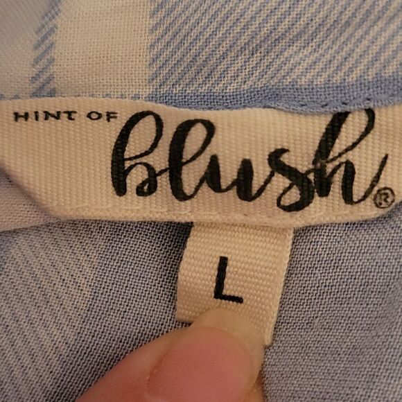 Hint of blush blue plaid woman's button up Short sleeve top - Picture 4 of 6
